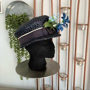 Vintage Blue Straw Hat Floral Accent Union Made